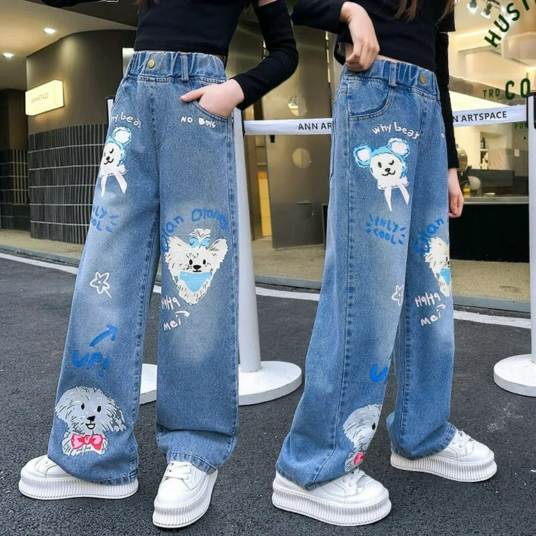 Jeans for Girls 2024 New Fashion Cartoon Printed Long Denim