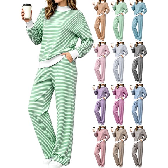 Women's 2‑Piece Athletic Set Mock‑Layer Striped Long‑Sleeve Top and High‑Waist Wide‑Leg Pants for Any Occasion