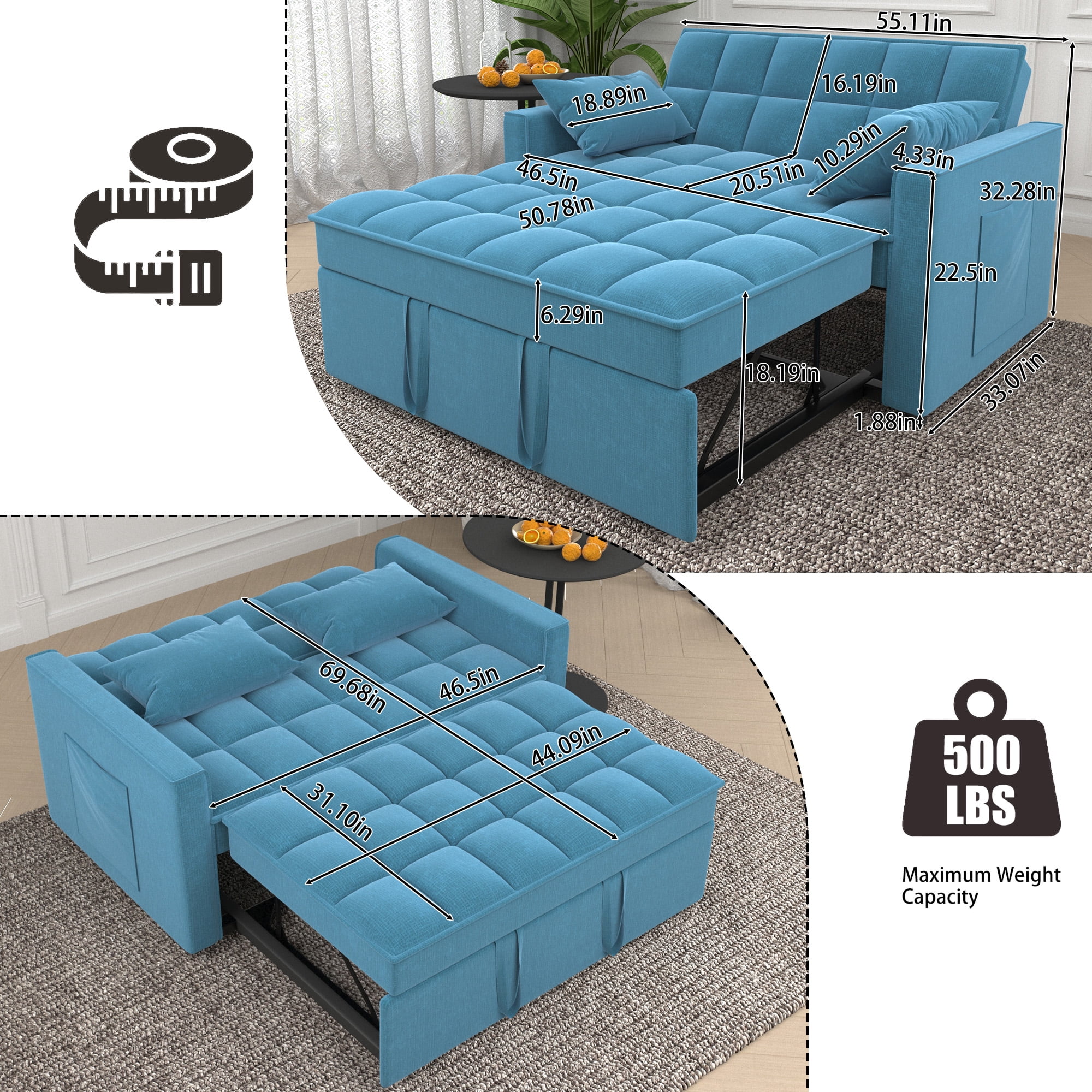 3 in 1 Convertible Sofa Bed,Modern Linen Fabric Sleeper Sofa with Pull Out Bed,Loveseat Couch with Adjustable Backrest for Living Room,Light Blue