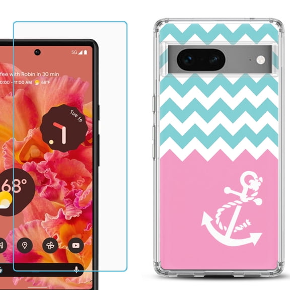 Slim-Fit Gel TPU Phone Case for Google Pixel 7, with Tempered Glass Screen Protector, by OneToughShield ® - Chevron/Anchor