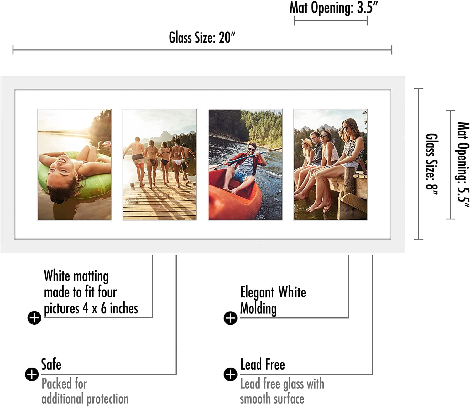 Americanflat 8x20 Collage Picture Frame in White| Displays Four 4x6 inch Photos. Shatter-Resistant Glass. Hanging Hardware Included!