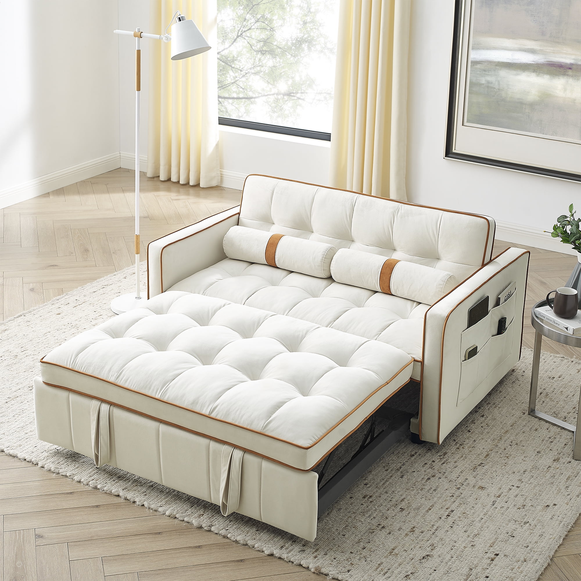 MAYEERTY 55.5" Pull Out Sleep Sofa Bed with Side Pockets & Lumbar Pillows