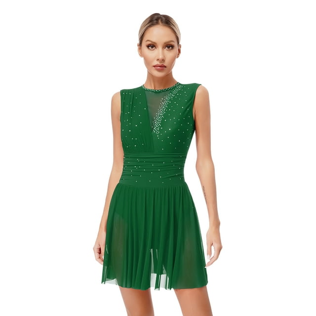inlzdz Robe de Danse Lyrique à Strass Pailletés pour Femmes Robe de Patinage Fluide Justaucorps de Ballet Danse Moderne Vert S