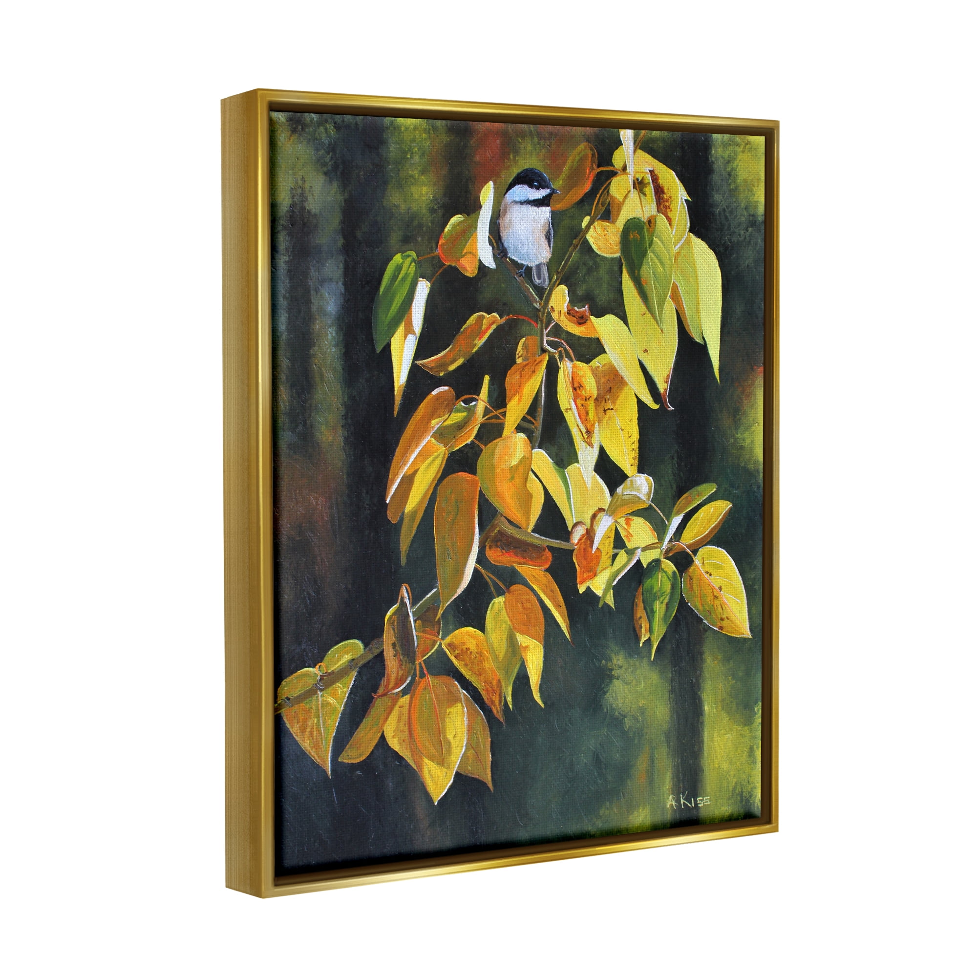 Stupell Industries Bird on Autumn Branch Botanical & Floral Painting Gold Floater Framed Art Print Wall Art, 25 x 31