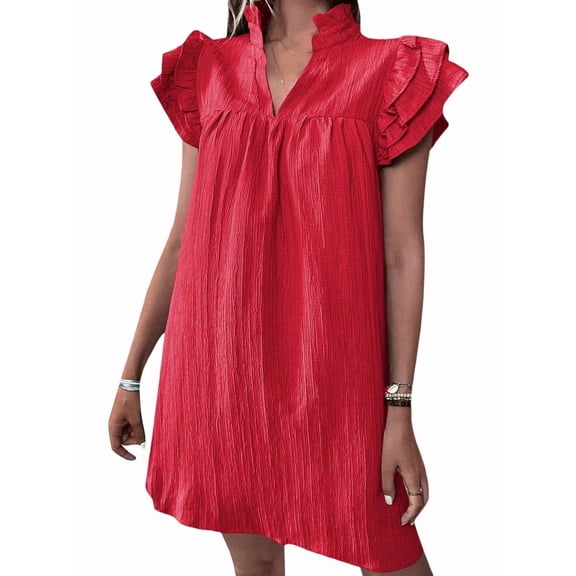 Women's Short Sleeve Tiered Mini Neck Sun Sundress Dress for Casual Beach Red S