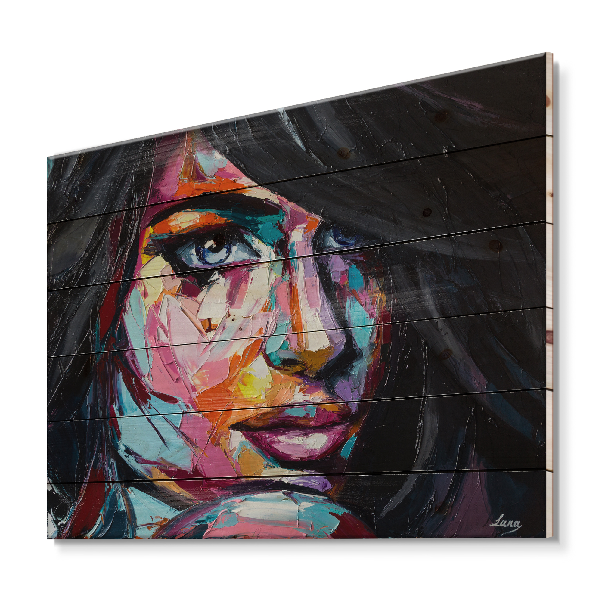 Designart 'Abstract Colorful Fantasy Portrait Of A Young Woman II' Modern Print on Natural Pine Wood
