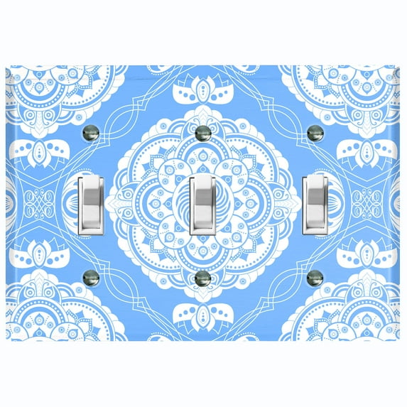 Metal Light Switch Plate Cover Mandala Blue White Floral Pattern Damask MDL079