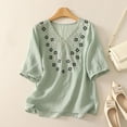 thumbnail image 2 of Taqqpue Women's Summer Cotton Linen Tops Embroidered Solid Color Short Sleeve Casual V Neck T-Shirt Loose Fit Half Sleeve Plus Size Blouse Tops for Women, 2 of 7