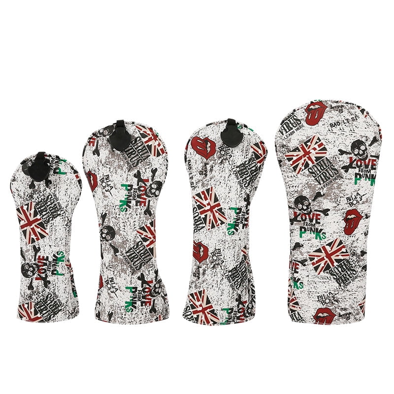 Golf Driver Head Cover 4 Piece Set | Fits #1 Driver, #3 Wood, #5 Wood, #U Utility Club | Protective Headcovers British Flag Skull Punk