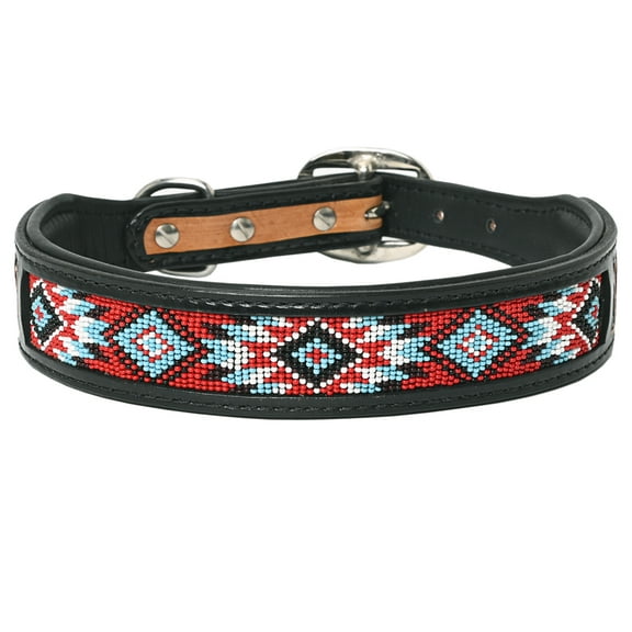 Hilason Beaded Hand Tooled Strong Genuine Leather Dog Collar Black Small
