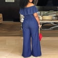 thumbnail image 6 of Fortune Women Denim Off Shoulder Rompers Ruffle Slash Neck Drawstring Jumpsuit, 6 of 9
