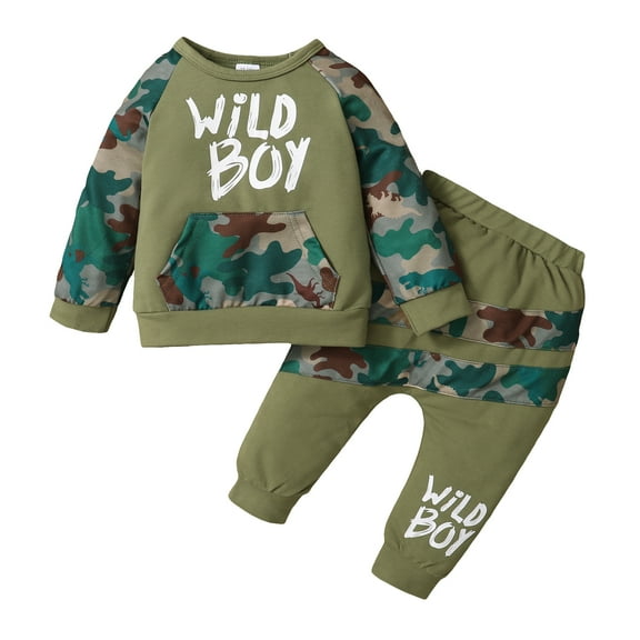 12 Months Baby Boys Clothes 18 Months Boys 2PCS Camo Outfits Set Letter Print Round Neck Toddler Boys Long Sleeve Top Pants Set Green