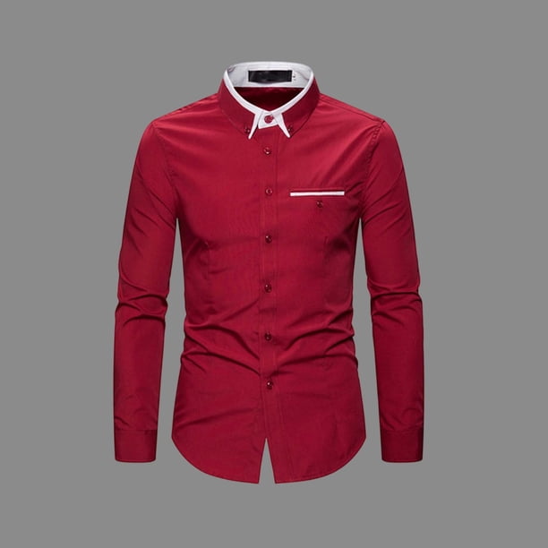 Ceisia Contrast Panel Stand Collar Shirt Men's Slim Fit Long Sleeve Casual Button-Down Top with Pocket Red M Gifts