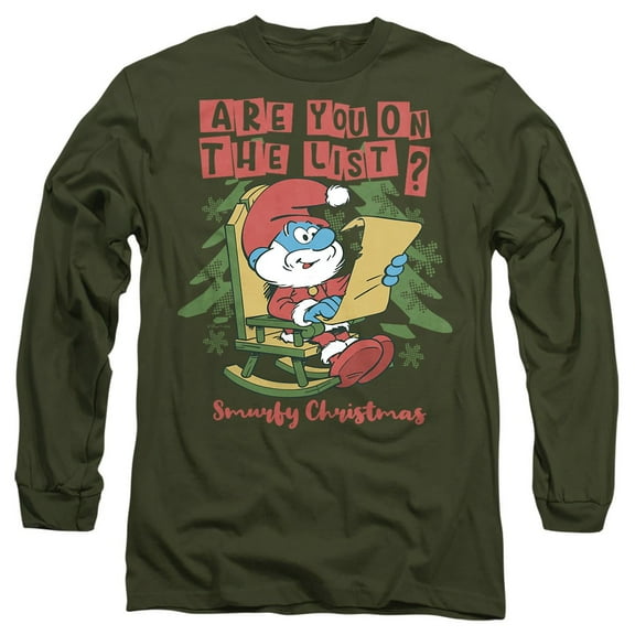 Smurfs Christmas, Papa Smurf Are You On The List Unisex Adult Long-Sleeve T Shirt, Military Green, Medium