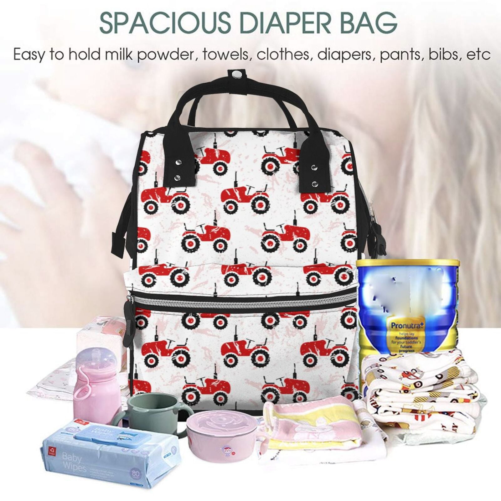 Ratiio Red Wheeled Tractors Mummy Backpack - Waterproof Twill Canvas, Large Capacity Diaper Bag with Multiple Pockets and Adjustable Straps