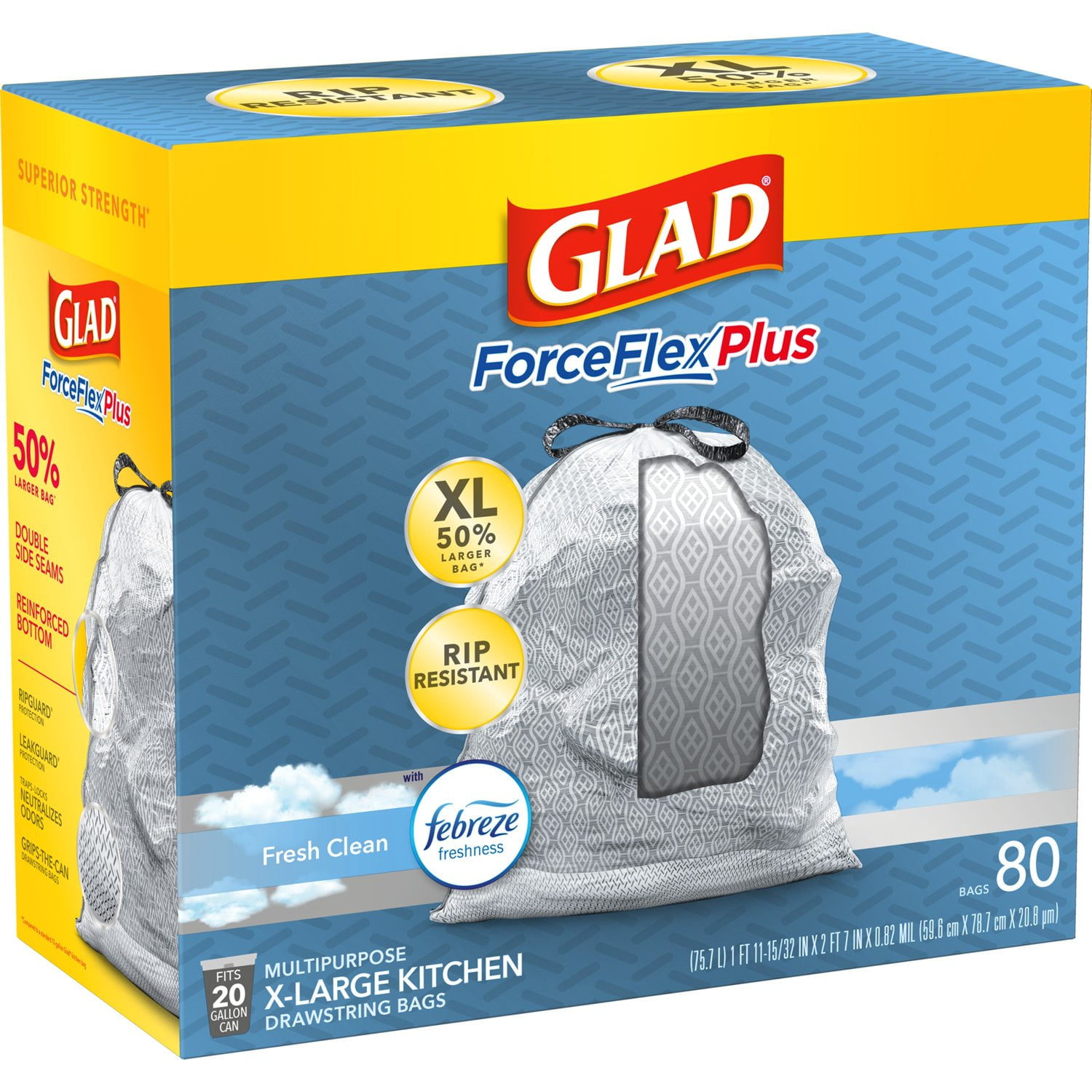 Glad XL X-Large Kitchen Plastic Drawstring Trash Bags 20 Gal Grey