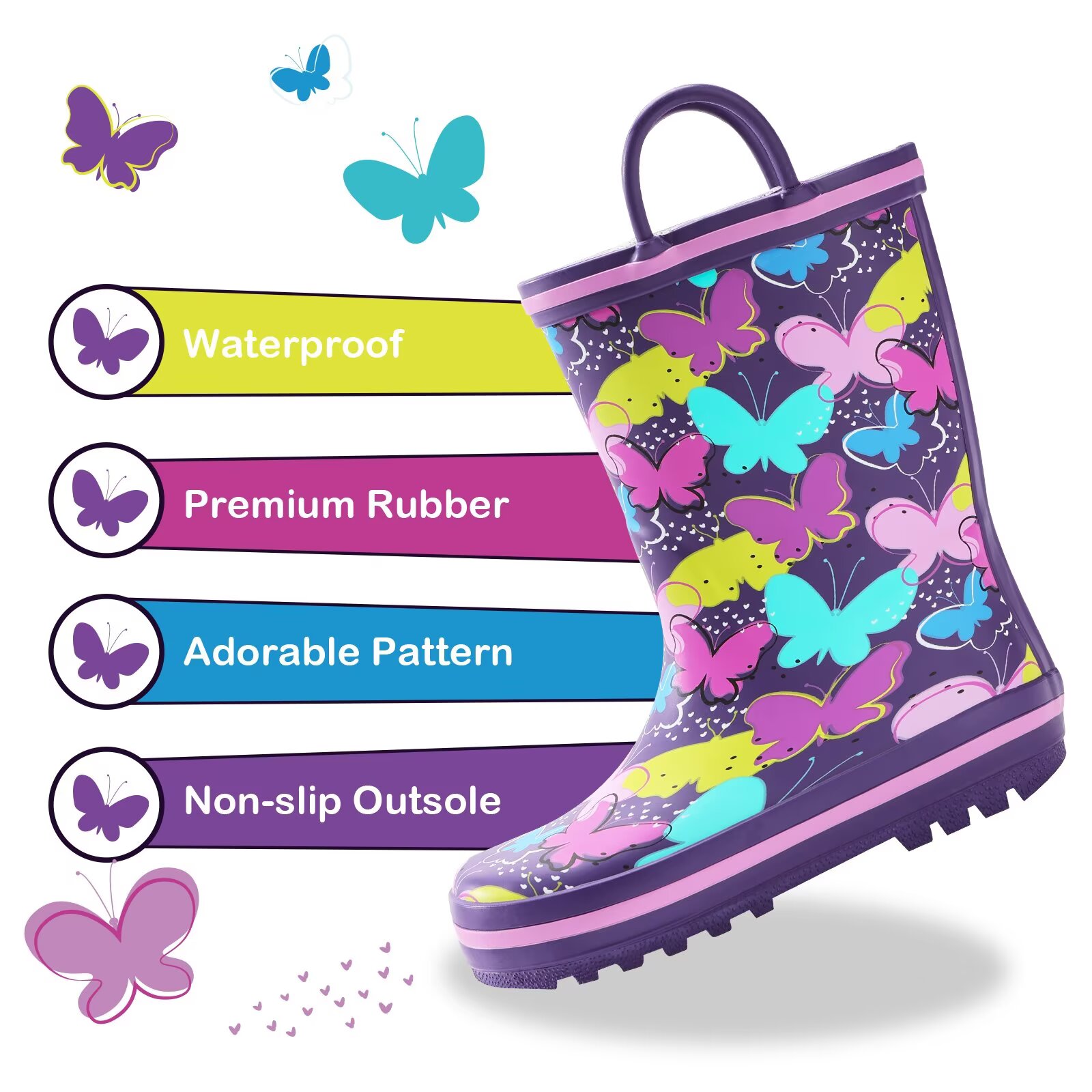 FUNCOO PLUS Toddler Rubber Rain Boots Kids Waterproof Boots for Girls, Butterfly, Big Kid Size 1