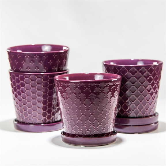 BUYMAX 5 inch Plum Ceramic Plant Pots with Drainage Holes & Saucers, 4-Pack for Herbs, Cactus, Succulents, Home Office Decor