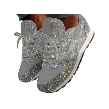 

UPAIRC Women Lady Sparkly Trainers Sequins Sneakers Lace Up Sports Gym Comfy Shoes