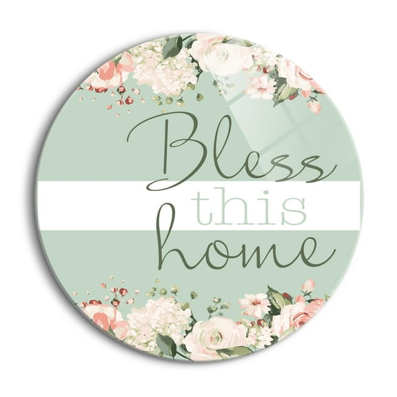 Bless This Home Mint Green Floral 24 inch Glass Round Wall Hanging Sign