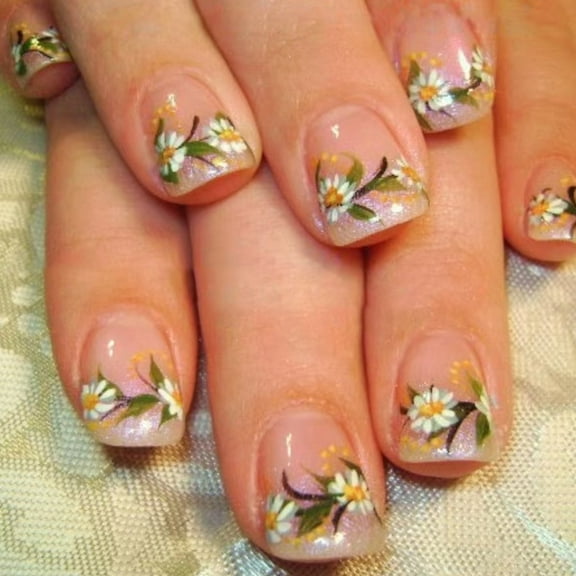 24 Pcs Flowers Artificial Nails French Tip Press On Nails Short Square Stick On Nails Glittering False Nails for Party