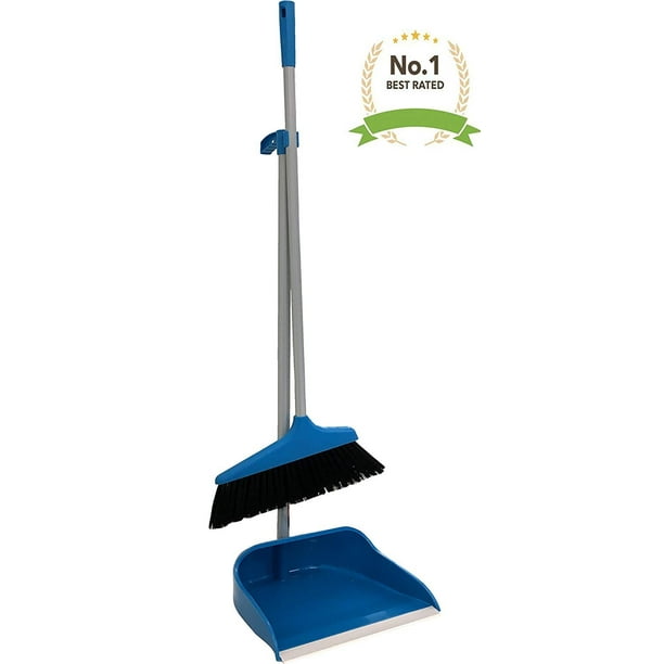 Blue Upright Long Handle Dustpan And Brush Broom Set Lobby Home Modern Comfort Grip Flexible