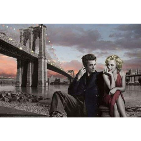 Red Eye Movie Poster - Brooklyn Bridge with Marilyn and Monroe James Dean by Chris Consani 36x24 Art Print Poster Celebrity Movie Stars Romance Red Dress and Red Lips Icons Hollywood New York City