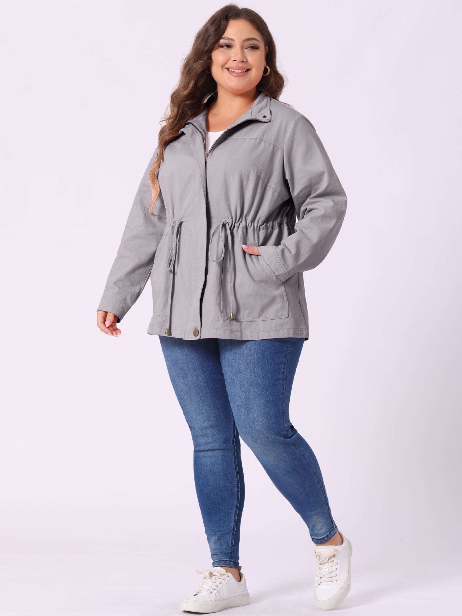 DARING DIVA Women's Plus Size Drawstring Waist Zip-up Utility Jacket 2X Light Grey