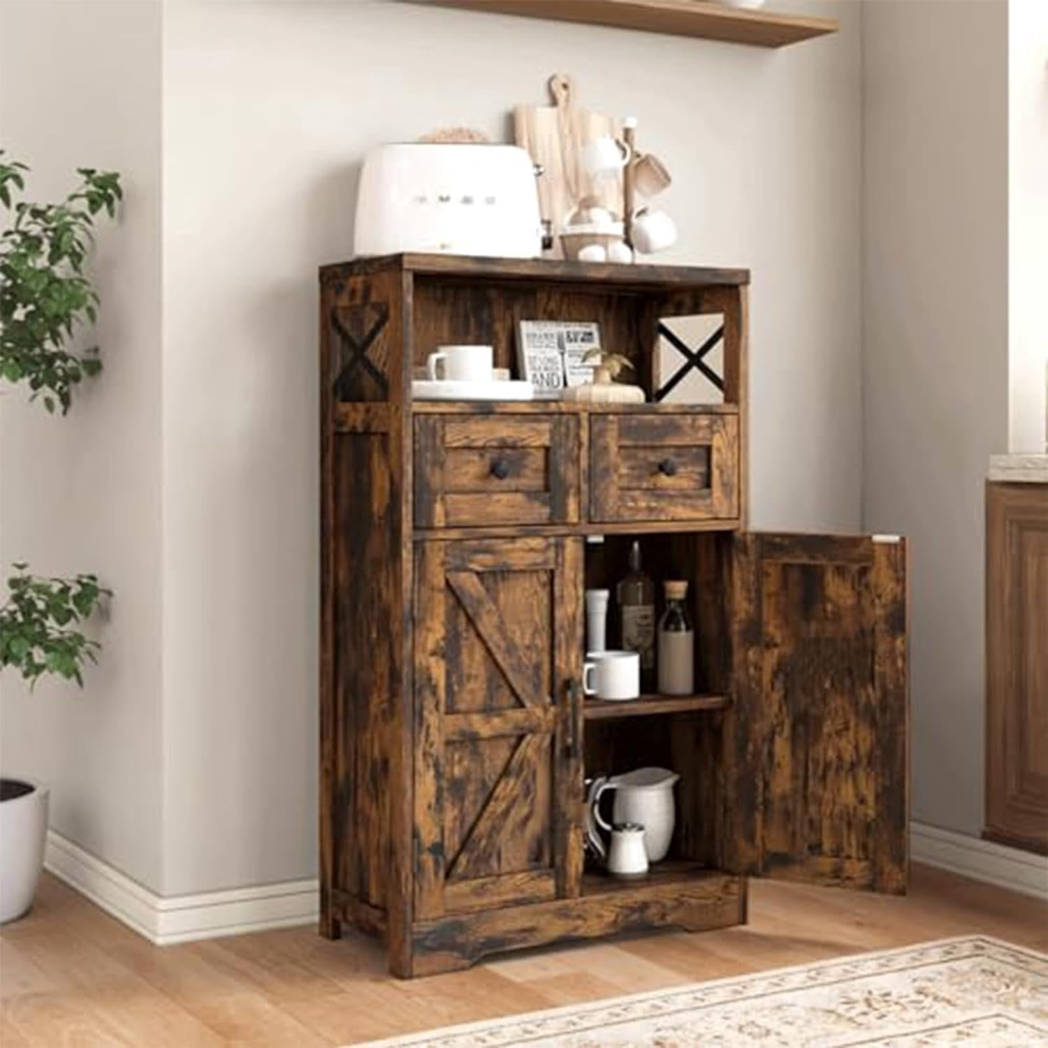 Rustic Brown Farmhouse Storage Cabinet with Barn Doors and Shelves, Freestanding Kitchen Pantry Storage Cabinet, Coffee Bar Station, Hutch Cupboard for Kitchen, Dining Room, Livingroom