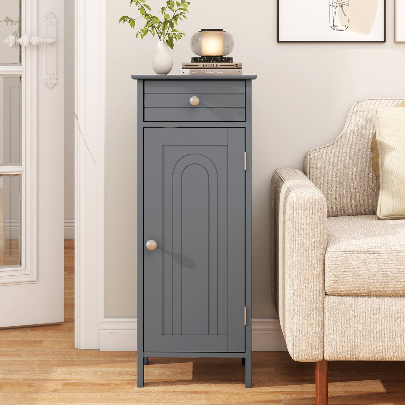 Costway Bathroom Storage Floor Cabinet Organizer Free-Standing w/ Drawer Grey