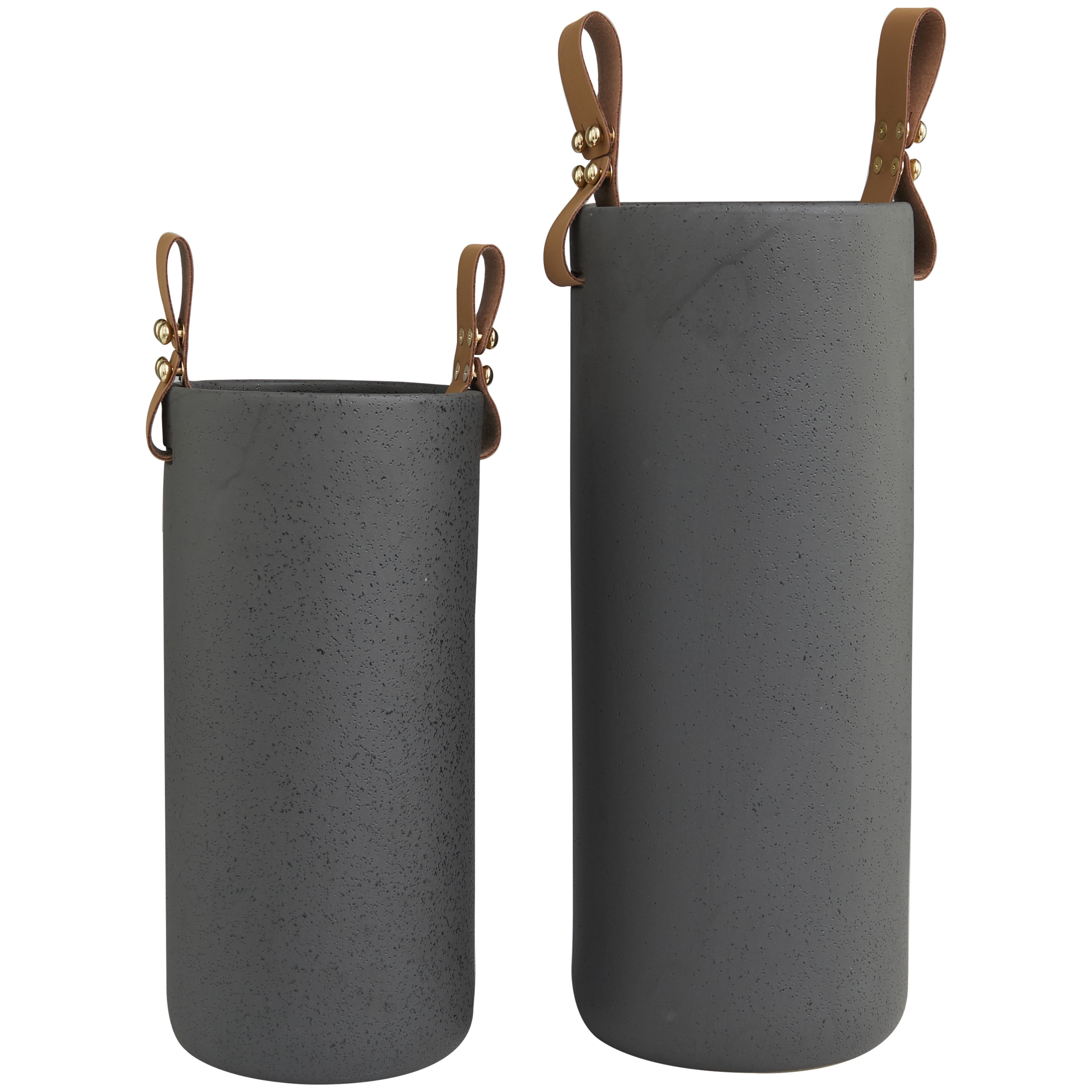DecMode 15", 12"H Black Ceramic Vase with Leather Handles, Set of 2