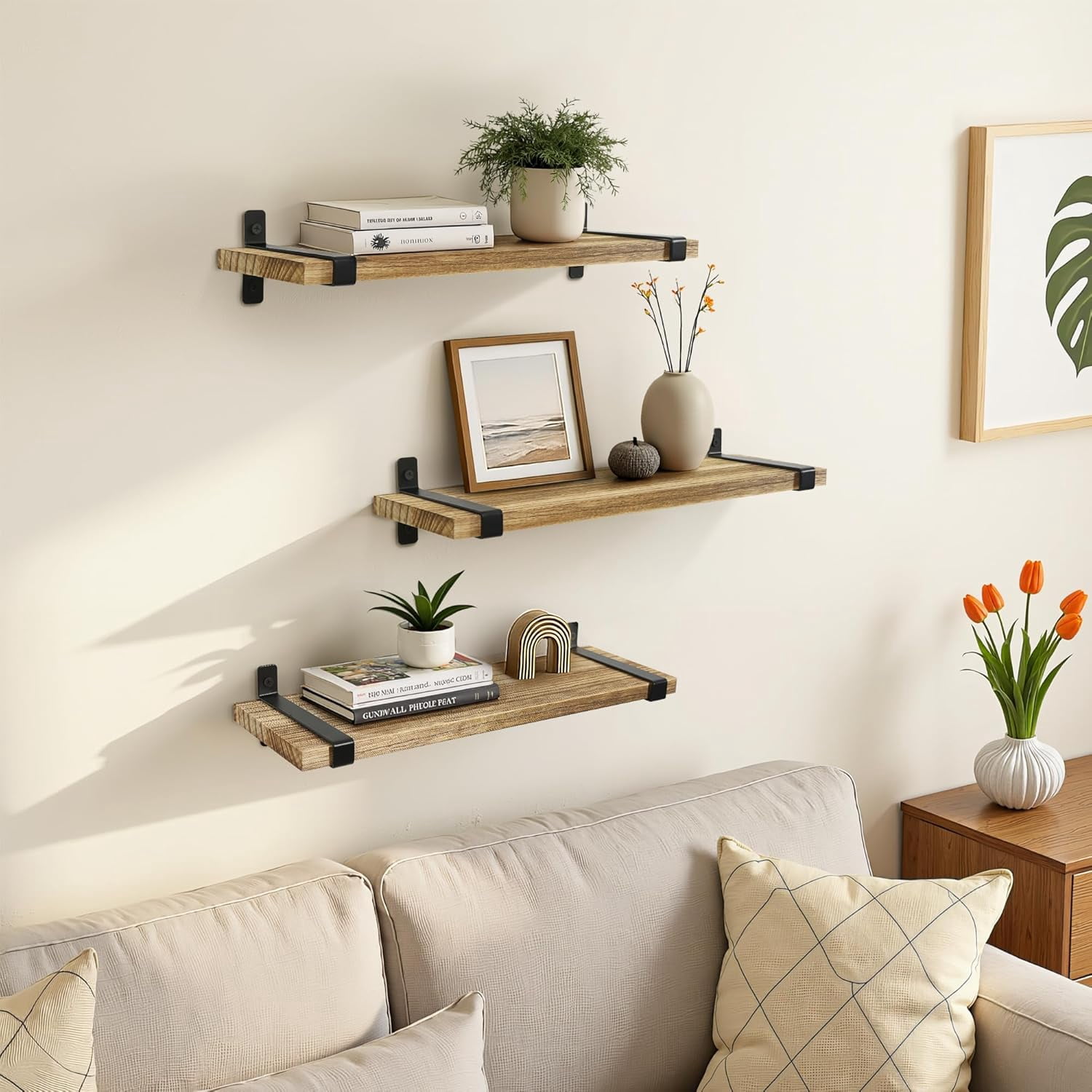 Afuly Rustic Floating Shelves for Wall, 16in Wood Floating Shelf Set of 3 , Brown Wall Shelves with Metal Brackets, Hanging Shelf for Living Room, Bathroom, Kitchen, Home Decor and Storage