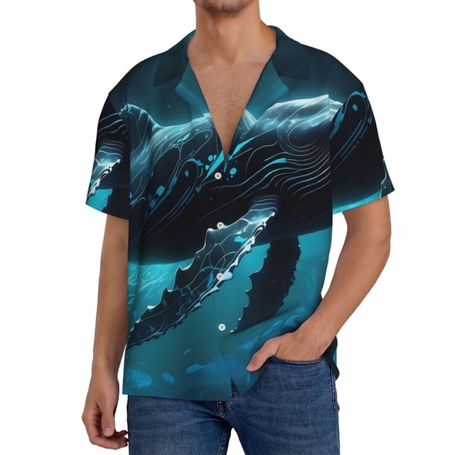 Fotbe Vintage Blue Pattern Whale Camisa Estampada de Manga Corta para Hombre, Casual de Verano, Estilo Playero, Sin Arrugas-Large