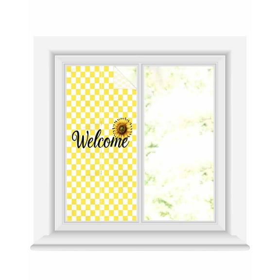 Window Privacy Film Yellow Sunflowers Stained Glass Window Film Decorative Sun Block Window Cover Spring Flower Retro Plaid Window Clings Static Adhesive Sticker for Bathroom 19.6"x39.3"