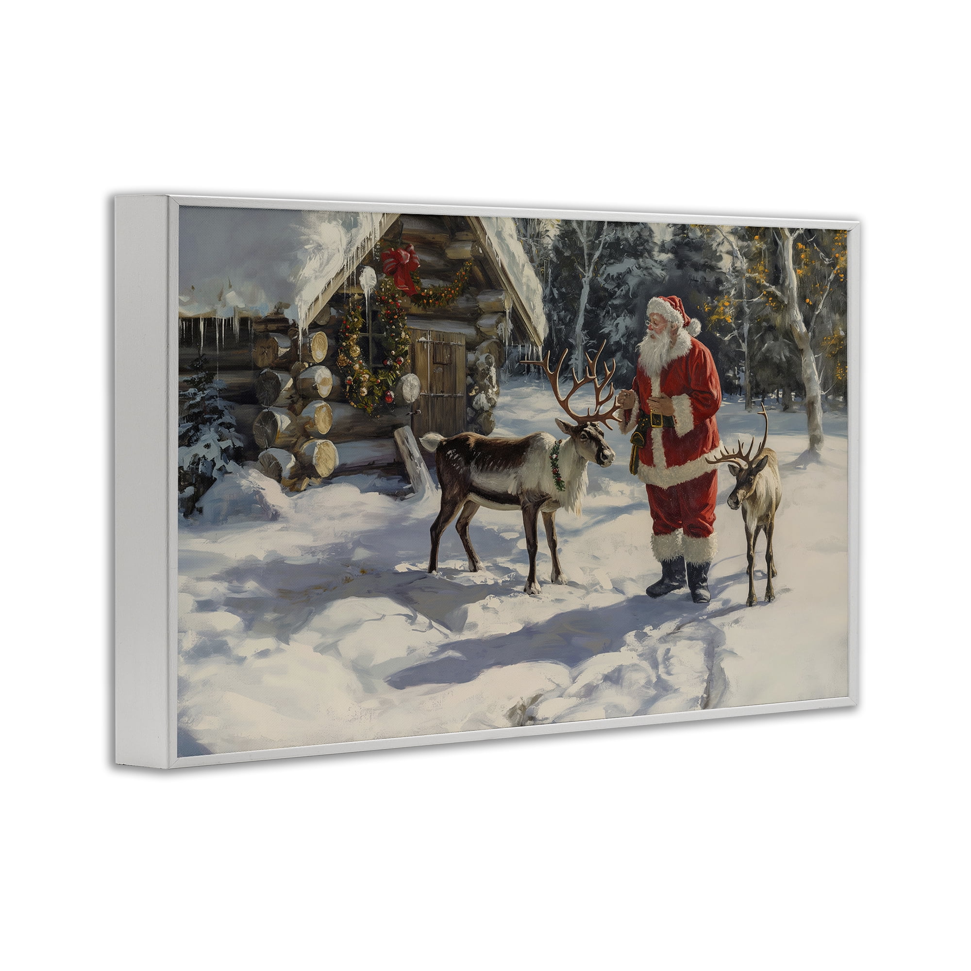 Stupell Industries Santa & Reindeer Scene Holiday Painting White Framed Art Prints Wall Art, 24 x 16