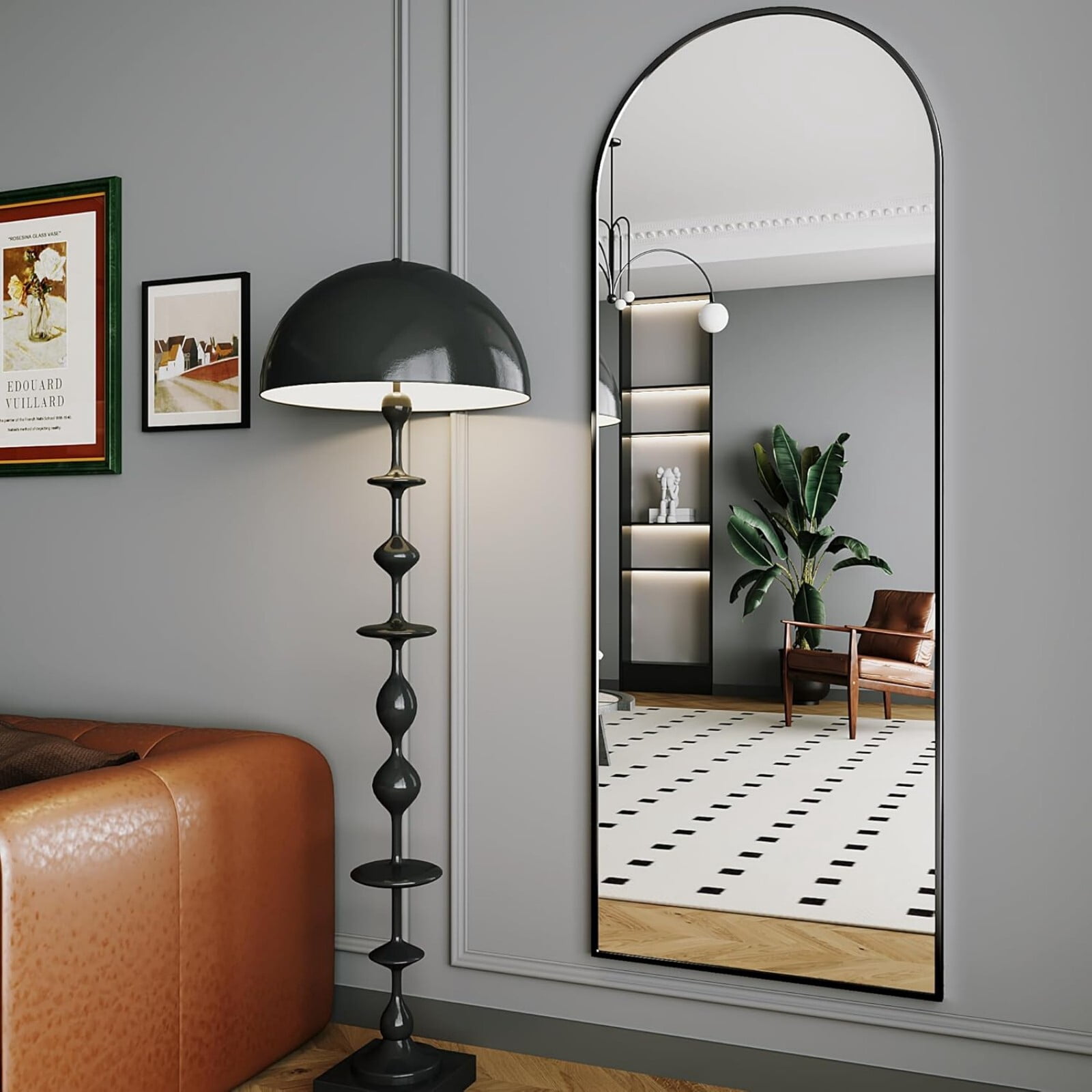 BEAUTYPEAK 64"x 21.25" Arched Full Length Standing Full Body Floor Mirror, Black