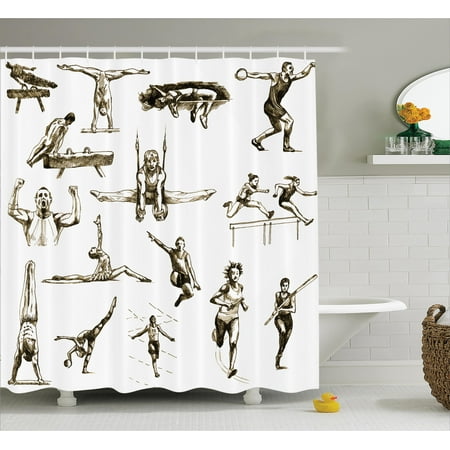 Marathon Hook (Olympics Decorations Shower Curtain, Illustration of Athletes Summer Sports Championship Marathon Theme , Fabric Bathroom Set with Hooks, 69W X 75L Inches Long, Black White, by)