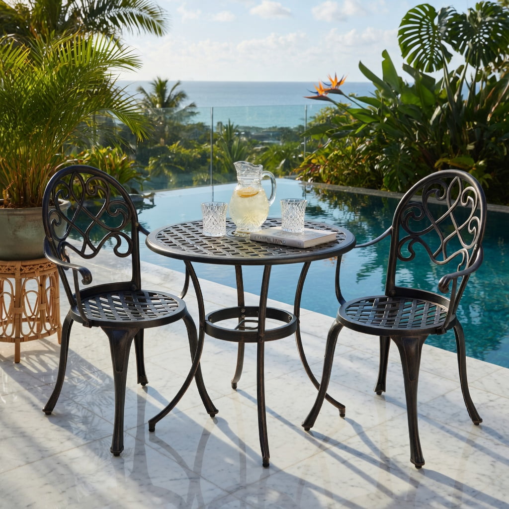 Hommoo 3-Piece Outdoor Bistro Set with Removable Stainless Steel Ice Bucket, Cast Aluminum Patio Table & Chairs for Backyard, Balcony, Poolside, Antique Bronze