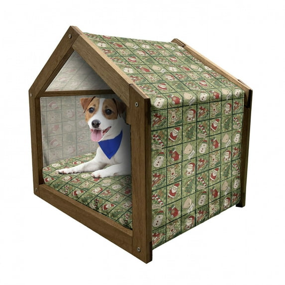 Christmas Pet House, Cartoon Santa Claus Trees Teddy Bears Candies Sketchy Design Print, Outdoor & Indoor Portable Dog Kennel with Pillow and Cover, 5 Sizes, Olive Green White, by Ambesonne
