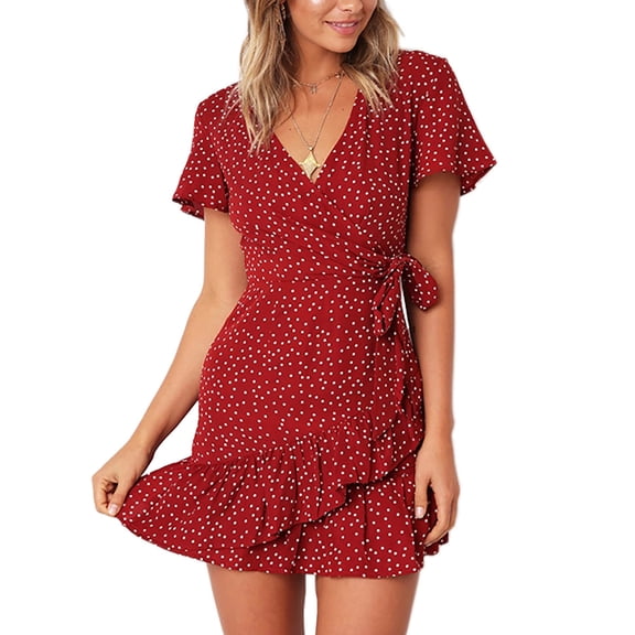 Summer Women Short Sleeve Print Dress V Neck Casual Short Dresses