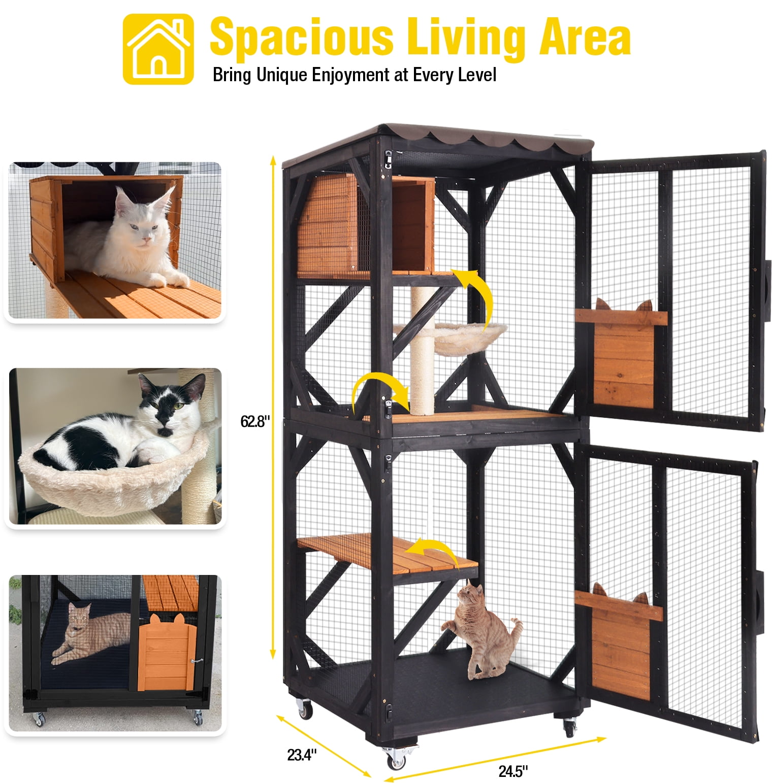 Aivituvin Catio Outdoor Cat Enclosure Mobile Cat House Indoor On Wheels with Scratch Post, Hammock, Resting Box, Platform, Tarp Roof 62.8", Black