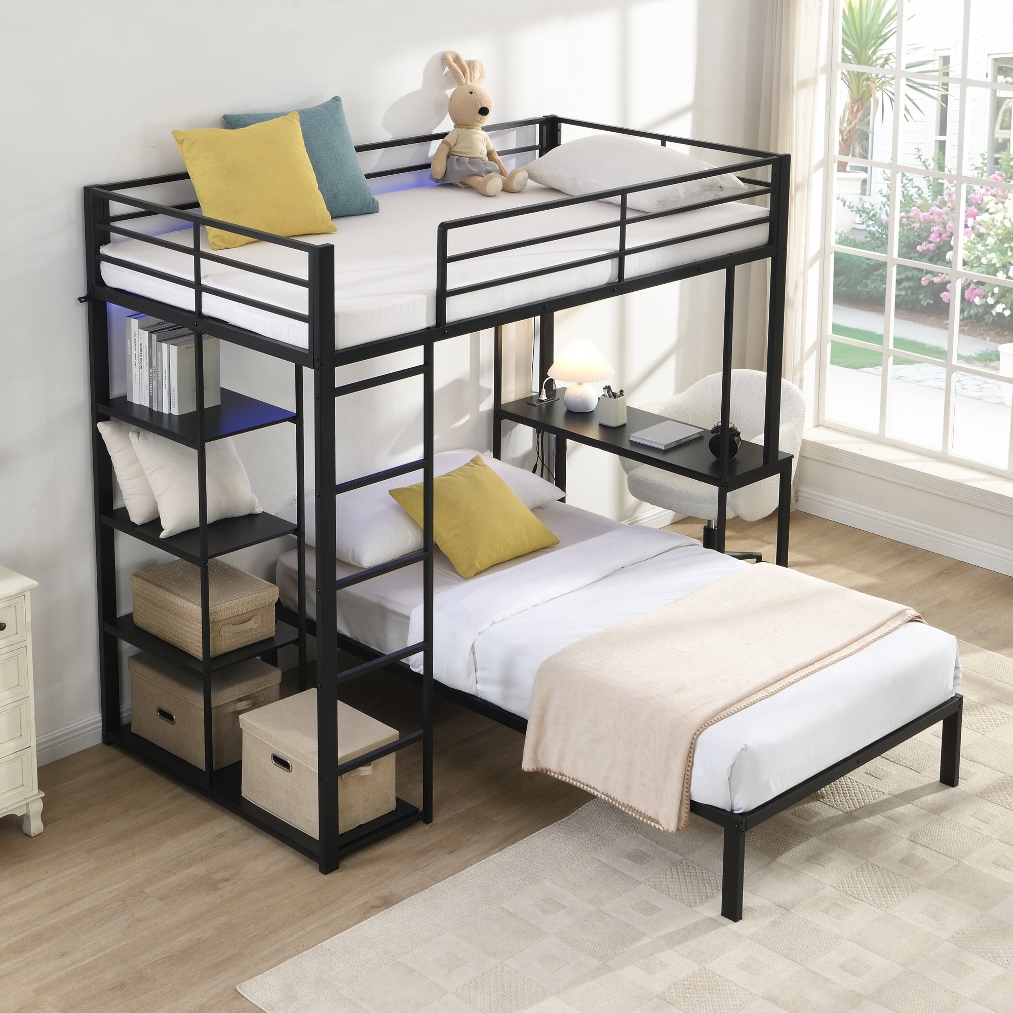 Leumius Twin over Twin Metal Loft Bed Frame with LED Light Strip, Side Storage Shelves & Built-in Desk, Metal Bunk Bed for Dorm Apartment Guest Room