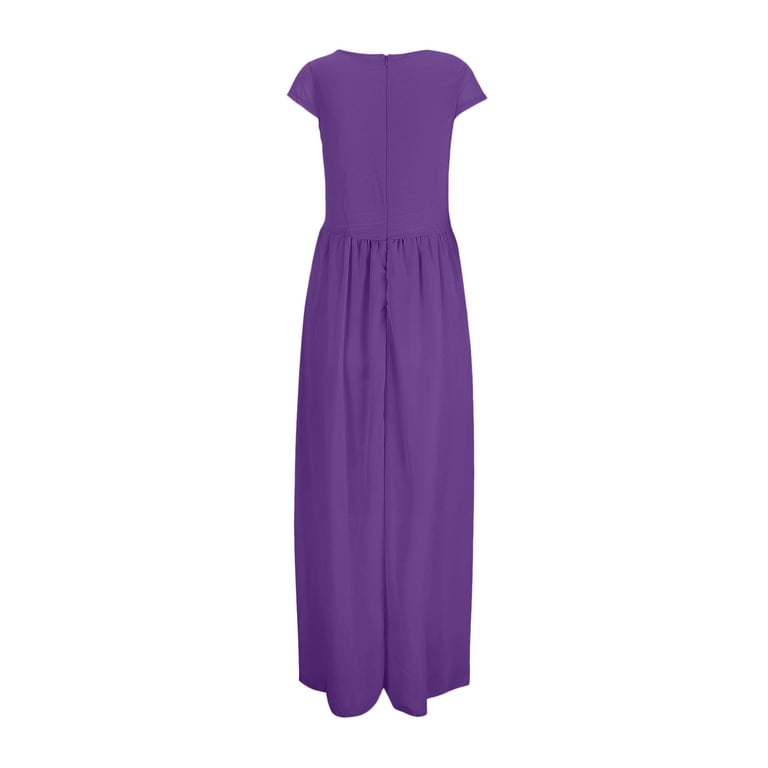 Tinybloomm T Shirt Pajamas Female Women's V Neck Solid Color Short Sleeve Chiffon Waist Closing Evening Dress, Size XL, Purple