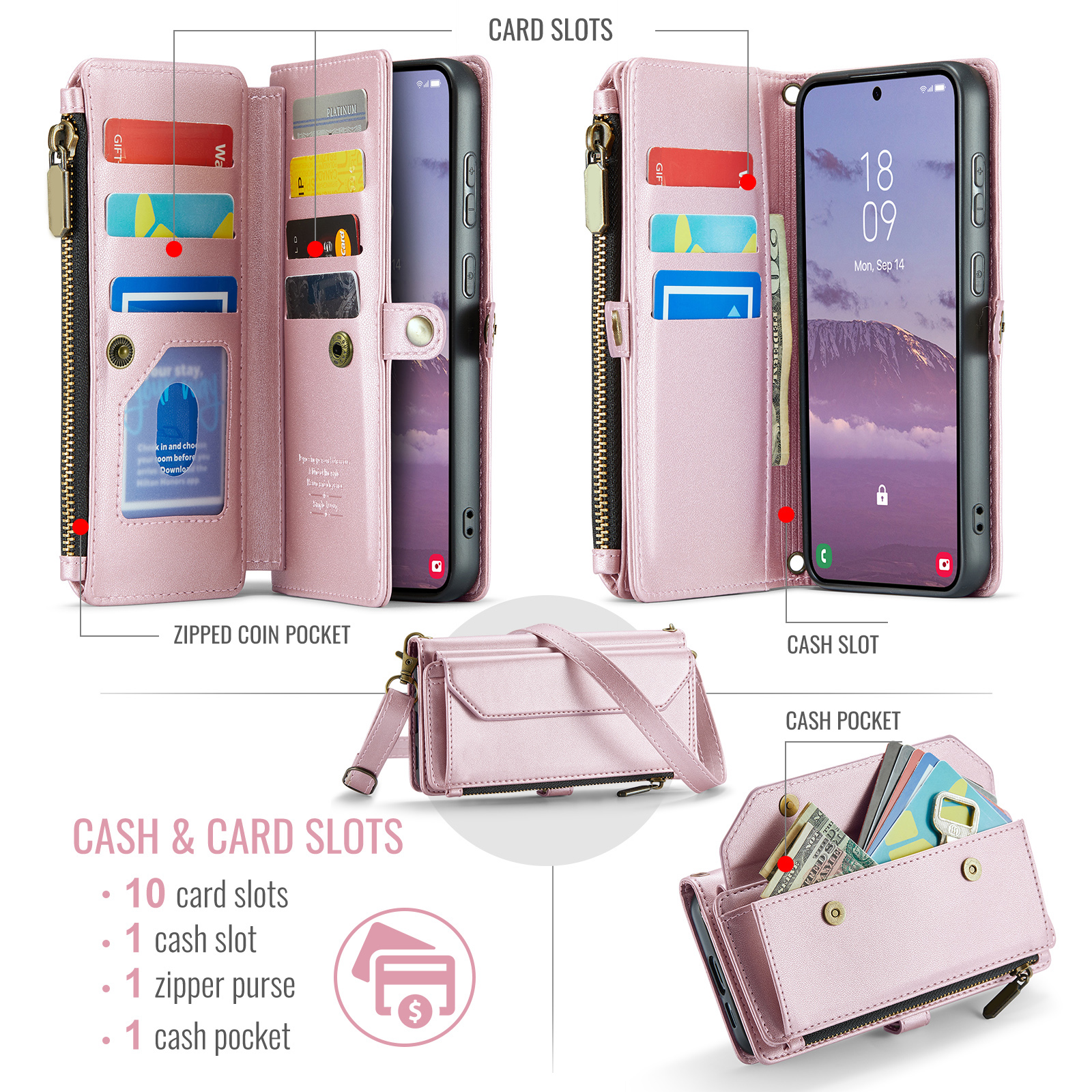 Compatible with Samsung Galaxy S24 FE 5G Zipper Wallet Phone Case Tempered Glass Screen Protector Crossbody Lanyard Strap Flip Card Holder Slot Cell Cover for S 24 EF AI S24FE 24S Women Rose Gold