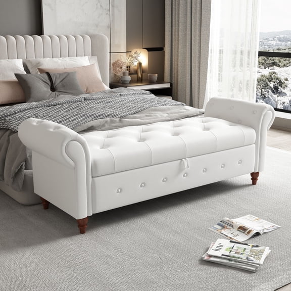Modern Cotton Linen End of Bed Storage Bench with Rolled Arms, Pull-Up Upholstered Storage Ottoman Bench with Solid Wood Legs for Bedroom Living Room