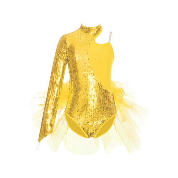 renvena Kids Girls Sequins Feather Tulle Skirted Leotard Unitard Biketard Latin Modern Jazz Dancewear Gold 16