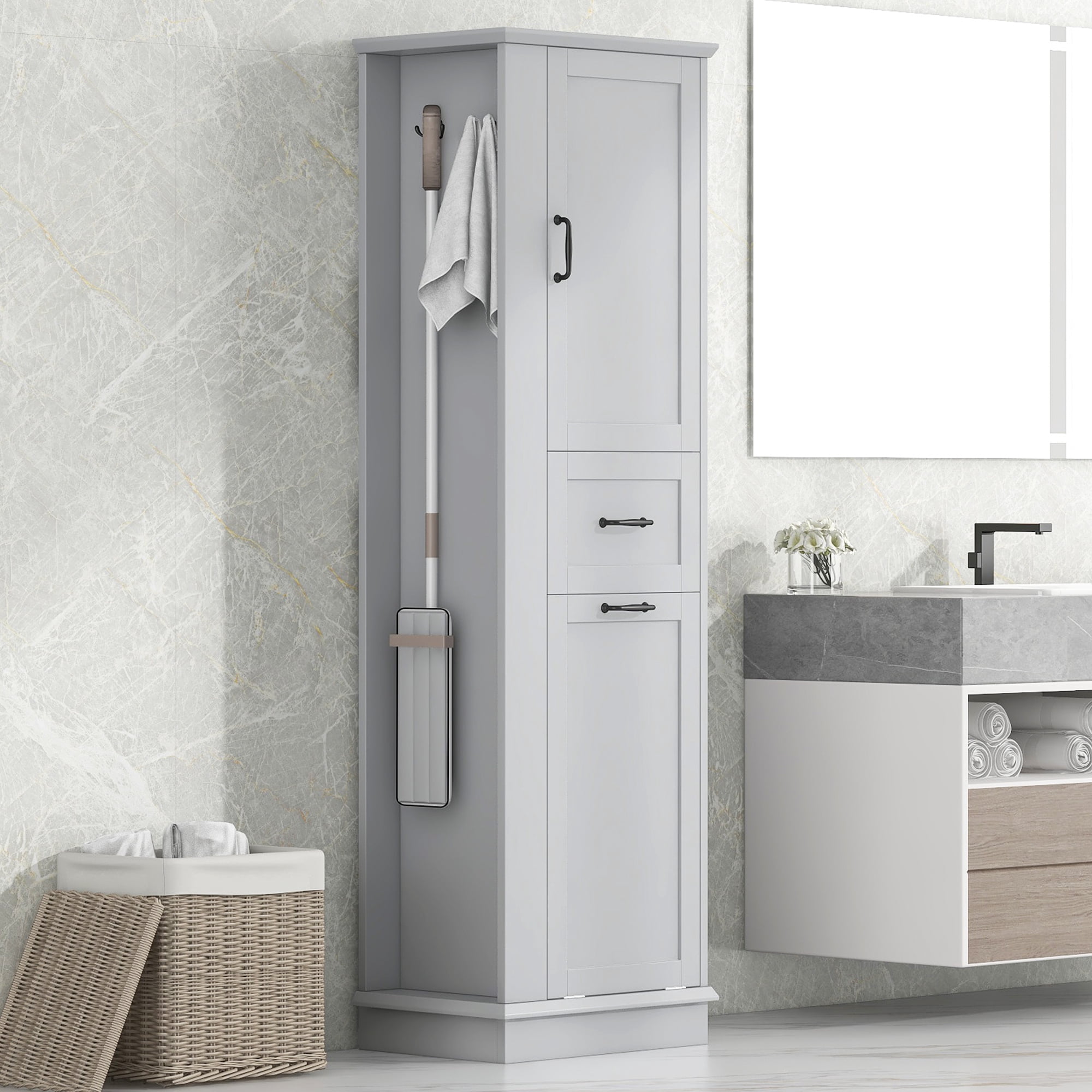 Leumius Modern Tall Storage Cabinet with Tilt-Out Compartment, Adjustable Shelves, Soft-Close Hinges, Aluminum Alloy Handles for Bathroom & Home Organization Gray