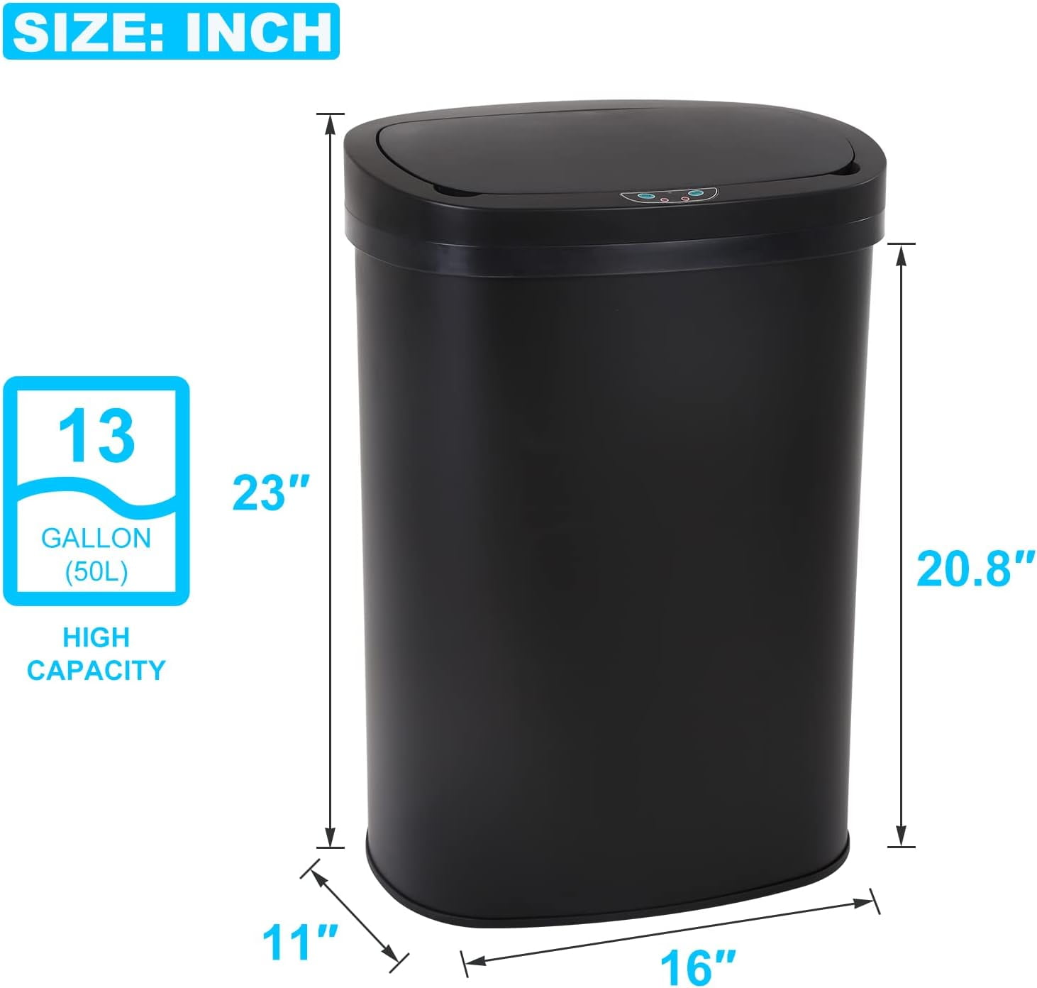BIQWBIC 13 Gallon Automatic Trash Can, Touchless Stainless Steel Kitchen Garbage Can, Black