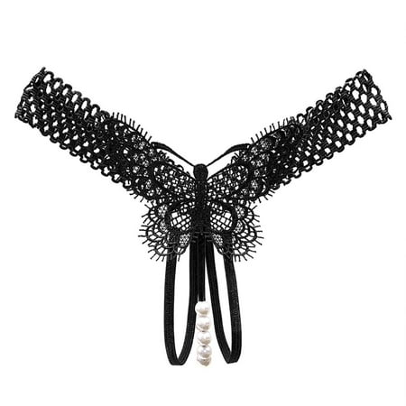 Women Sexy Thongs Black Lace Panties Pearl Panty Funny Thongs for Women One Size
