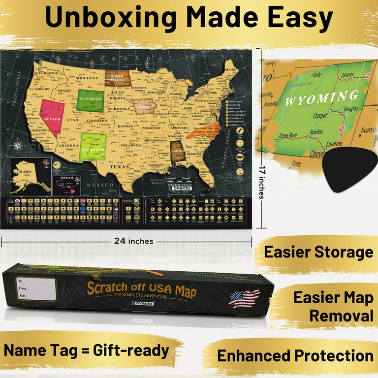 The Exclusive 17x24” Ovanto Scratch off Travel Map Designed from Scratch  for People Requiring More! The Only United States Map with Easy to Scratch  Foil & Tons of Extra Features 